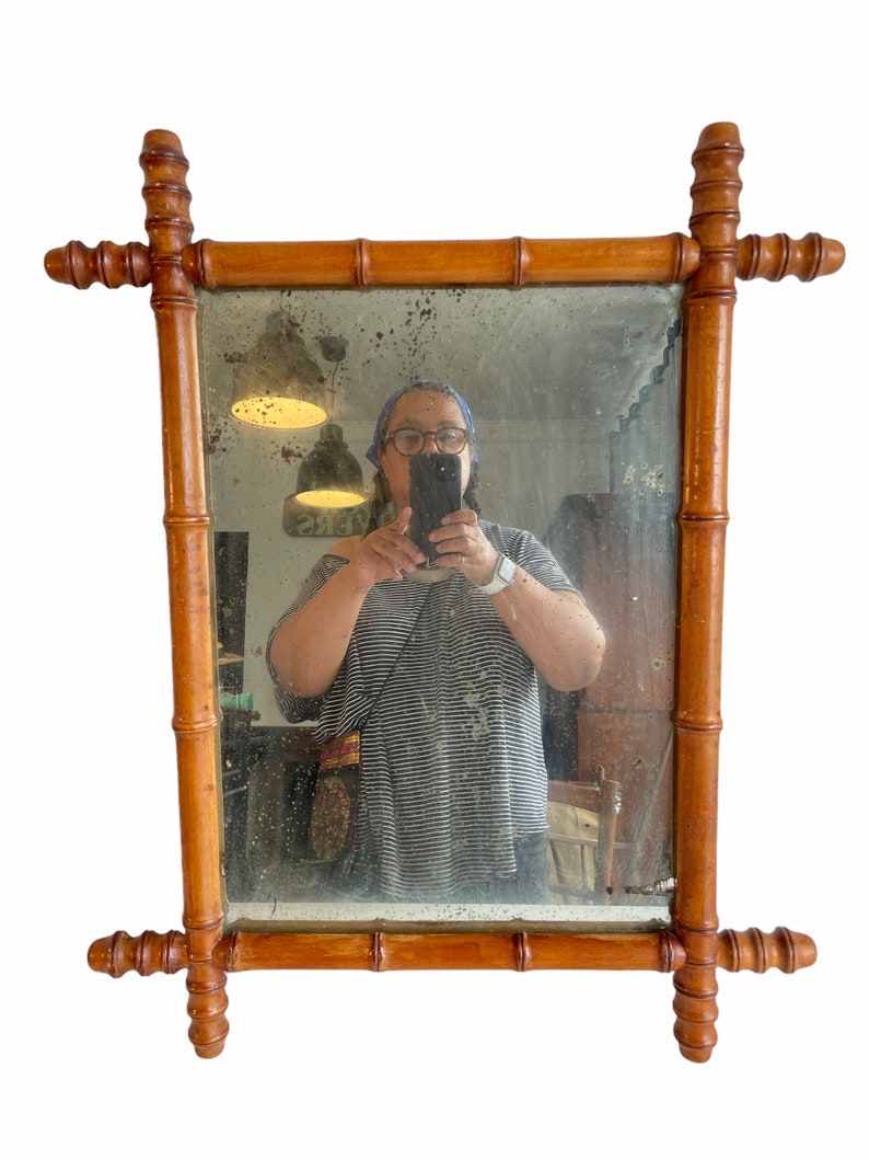 Vintage French Wooden Wood Bamboo Look Wall Hanging Mirror Wood Glass Decorative Bathroom Cloakroom Hallway circa 1930-40's / EVE image 3