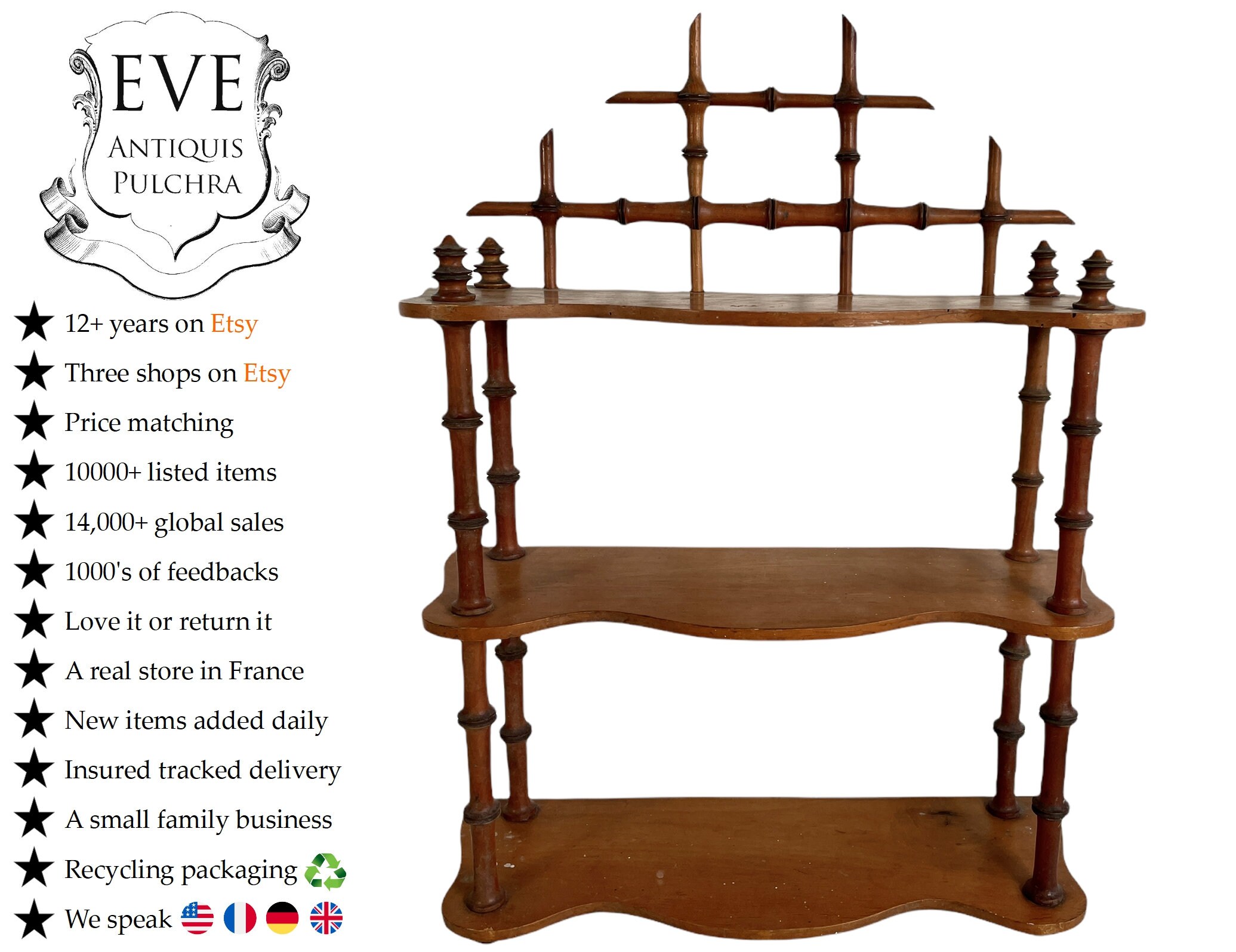 Antique Français Bois en Faux Bambou Marron Foncé Naturel Petite Étagère Mur Support Affichage Plint