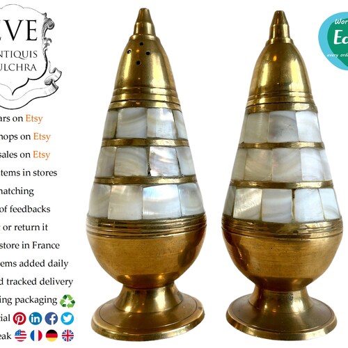 Vintage Indian Brass Mother Of Pearl Shell Salt shops And Pepper Condiment Containers Shakers Storage Table Gold Spices Prop circa 70-80's / EVE