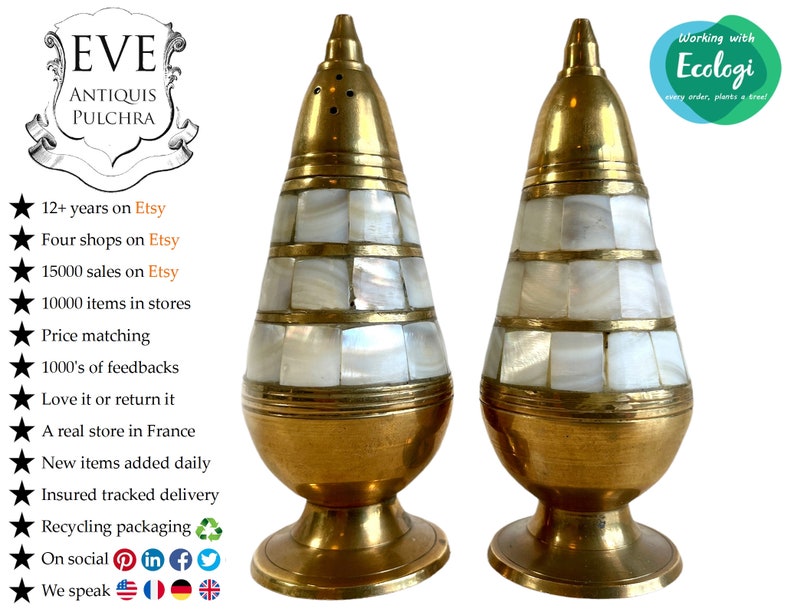 Vintage Indian Brass Mother Of Pearl Shell Salt shops And Pepper Condiment Containers Shakers Storage Table Gold Spices Prop circa 70-80's / EVE
