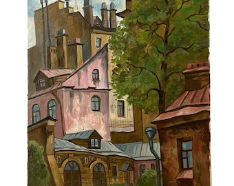 Vintage French Impressionist Oil Painting of a European cityscape by E. Kynusof circa 1980-1990's / EVE