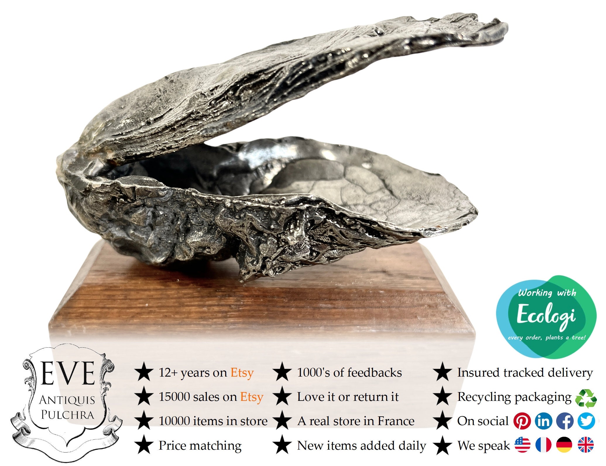 Vintage Français Metal Oyster Shell On Wooden Display Stand Ornament Decoration Sea Collector Restau