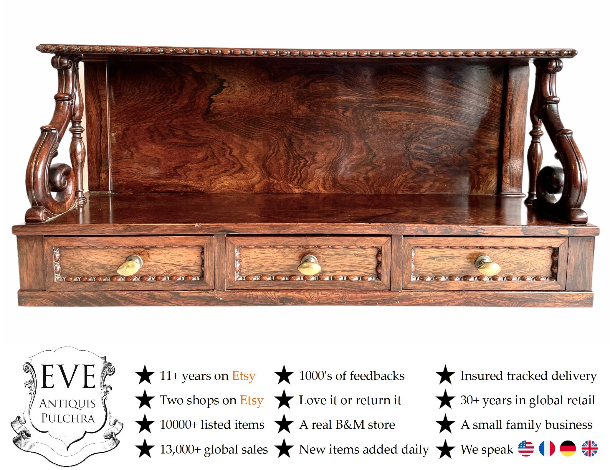 Antique Français Bois Brun Foncé Étagères Étagère Étagères Murales avec Tiroirs Prop Circa 1910-20/E