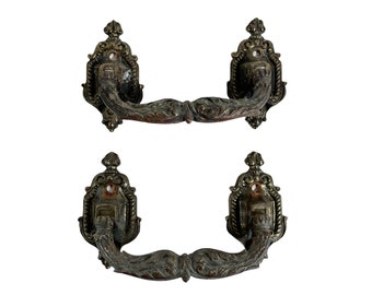 Antique French Heavy Large Ornate Bronze Brass Metal Door Handle Pull Opener Prop Front Entry TWO AVAILABLE c1910's / EVE de France