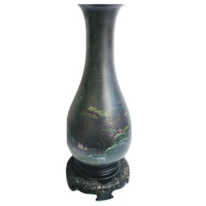 Vintage Chinese Black Bakelite Plastic Scenic Vase Decorated Pot Decor Display Asian Flower Display c1940-50&#39;s / EVE de France