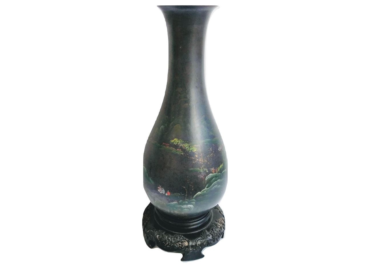 vase panoramique en plastique bakélite noir chinois vintage décoré de pots décoratifs présentoir fleurs asiatiques c1940-50/eve france