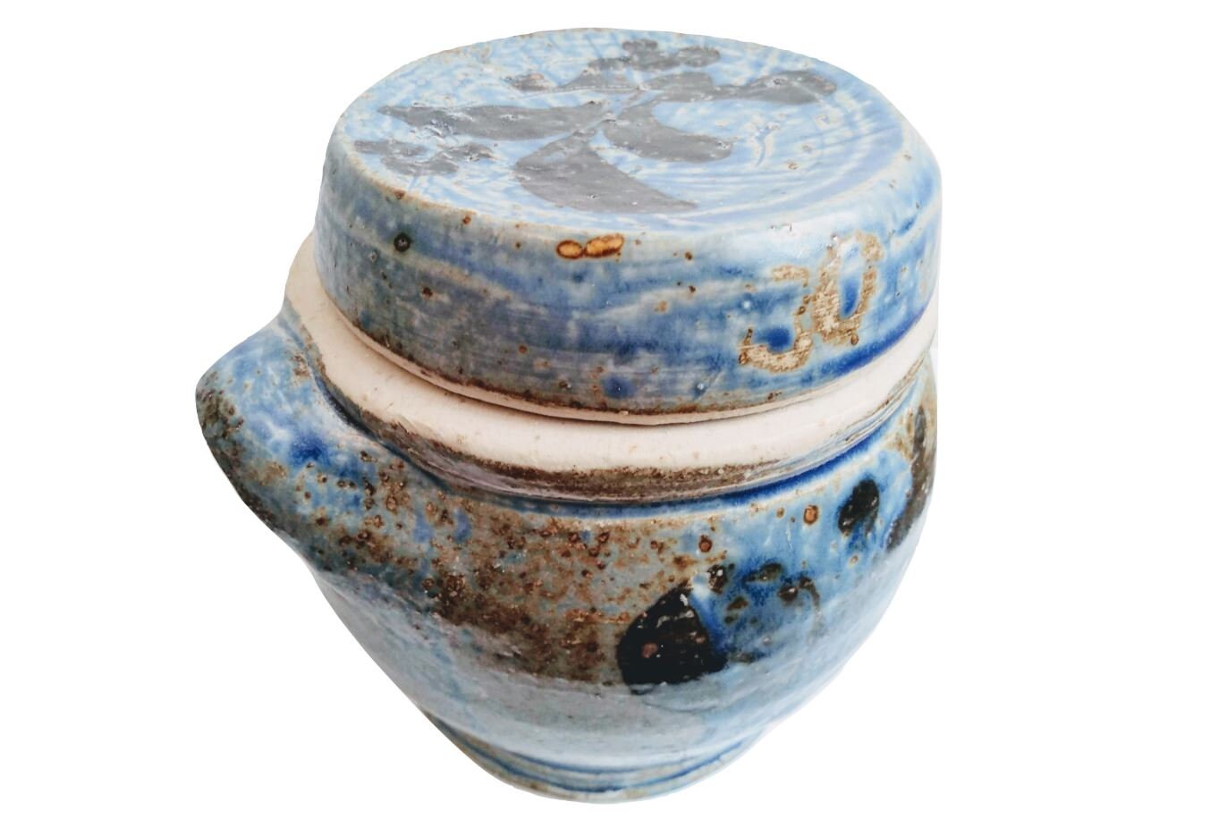 Vintage Français Grande Poterie Heavy Stoneware Blue Glazed Decorated Lidded Storage Kitchen Decor D