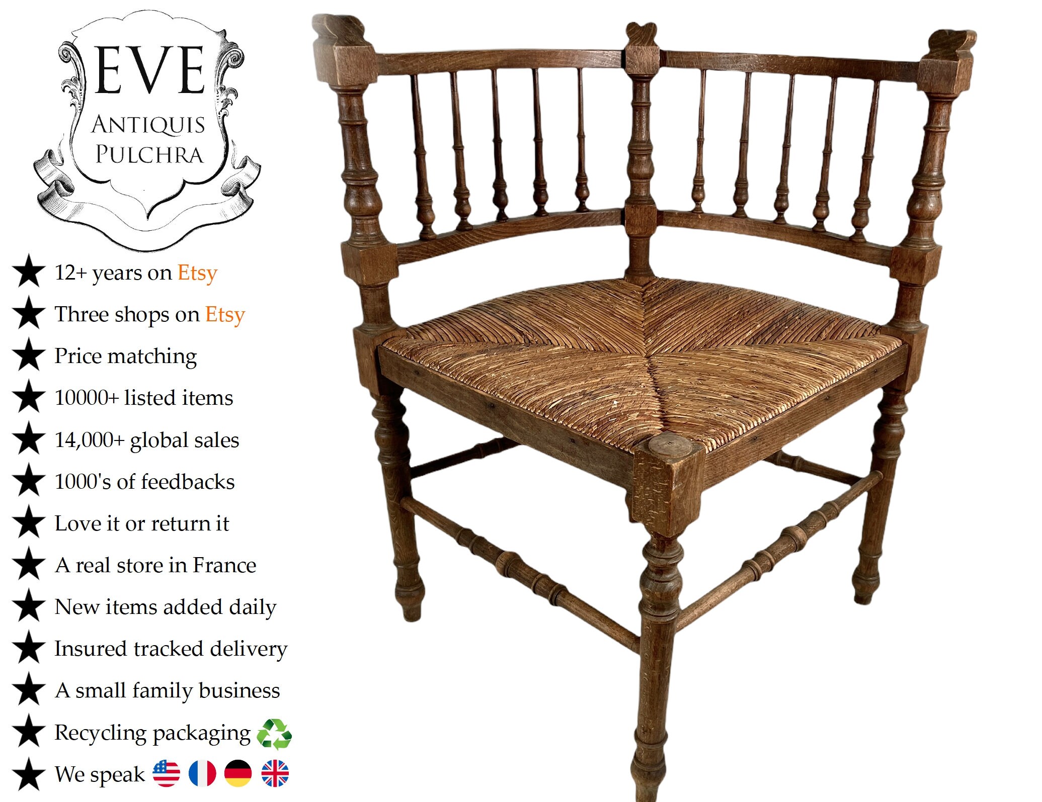 Vintage Français Bois Marron Tissé Raffia Travail Bobbin Chaise d'angle Stand Affichage Repos Siège 