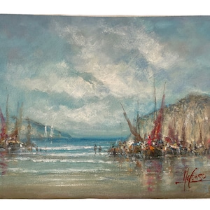 Vintage Italian Coastal Sailing Fishing Boats Painting Oil Skyline Marina Harbour Cliffs Coast On Canvas Mafonso circa 1980&#39;s / EVE