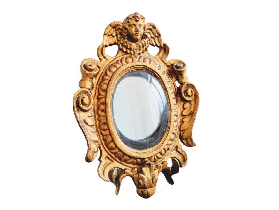 Antique Français Gold Mirror Hair Locket Putti Angel Bois Doré Cadeau Verre Fait à La Main Miroir Dé