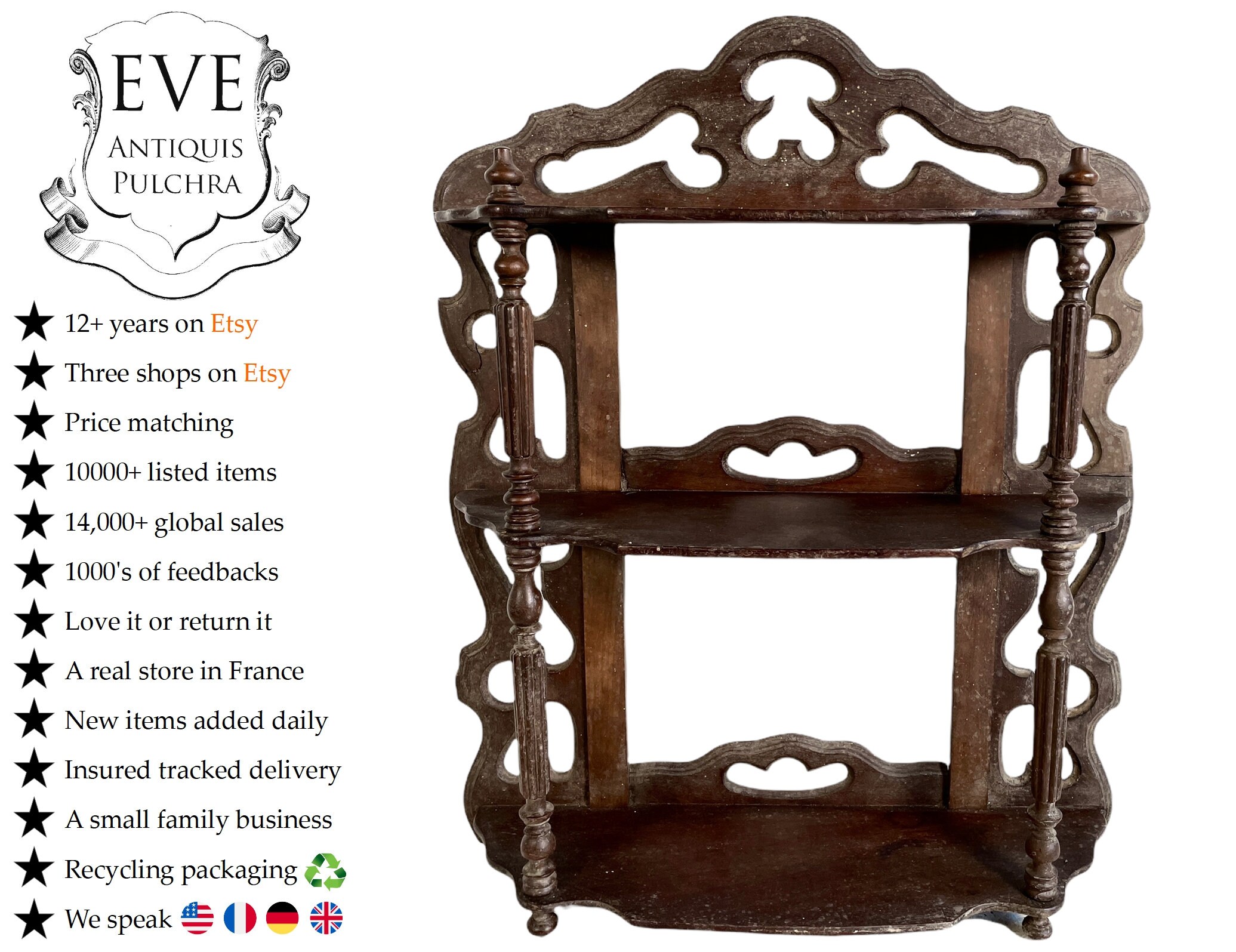 Antique Français Bois Brun Foncé Naturel Petite Étagère Étagère Mur Stand Affichage Plinth Tourné Or