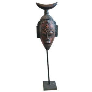 Vintage African Medium Wooden Bust Mask Wall Decor Intricate Carved Statue Carving Sculpture Wood Tribal Art c1980-90&#39;s / EVE