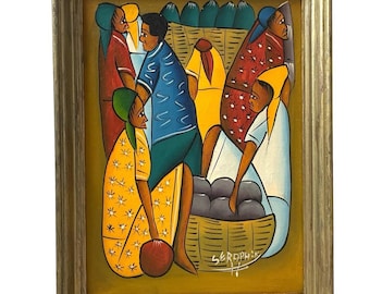Vintage Haitian Women Ladies Men In Traditional Dress Costume Acrylic Portrait Painting On Canvas Signed Tropical Island c1990's / EVE