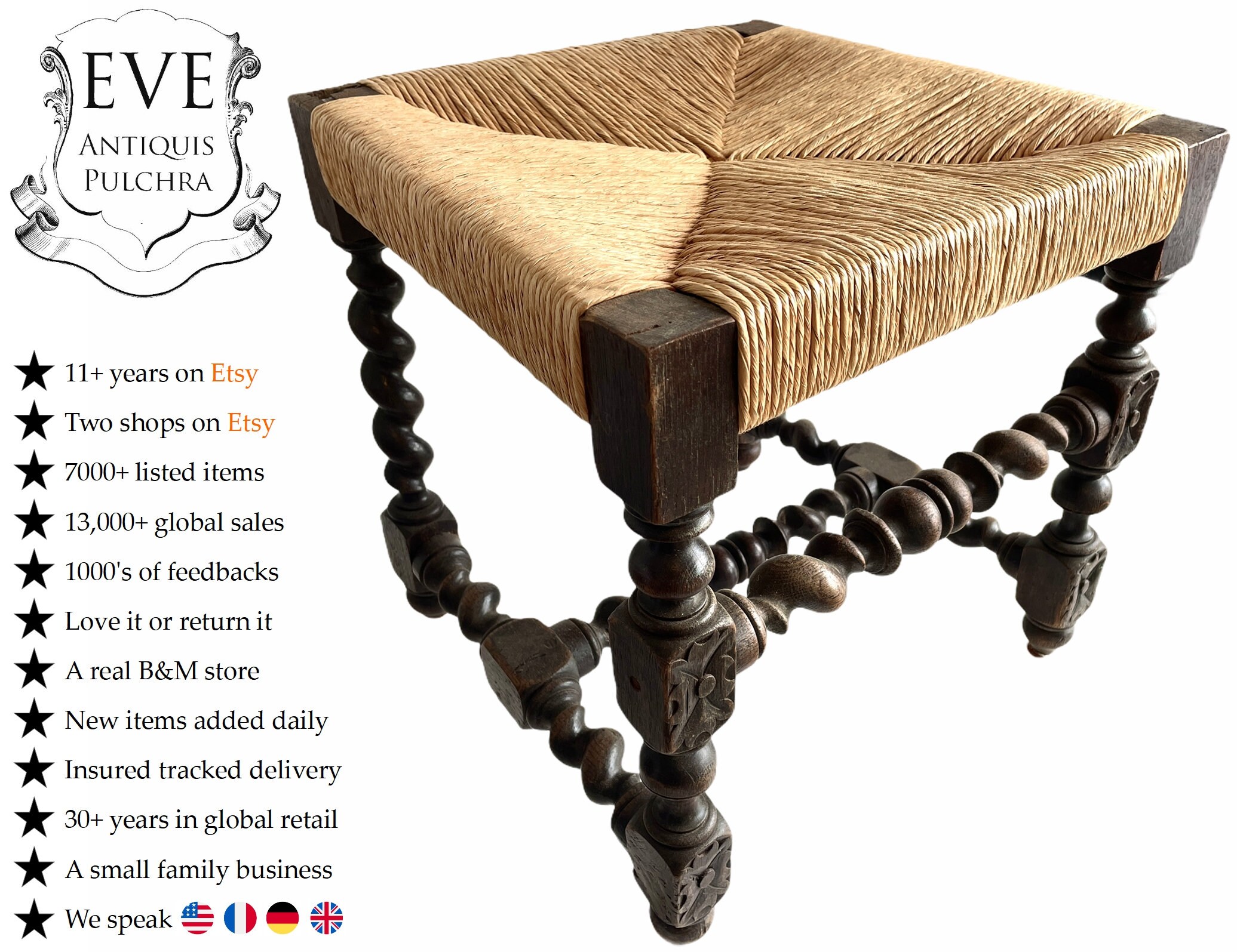 Antique Français Bois Marron Tissé Raffia Tabouret Petite Chaise Sièges Design Rénové Osier Travail