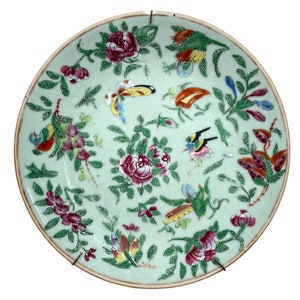 Antique Chinese French Magasins Du Louvre Paris Mint Green Decorated Wall Hanging Ceramic Plate Serving Dish Table Wall Decor c1900's / EVE