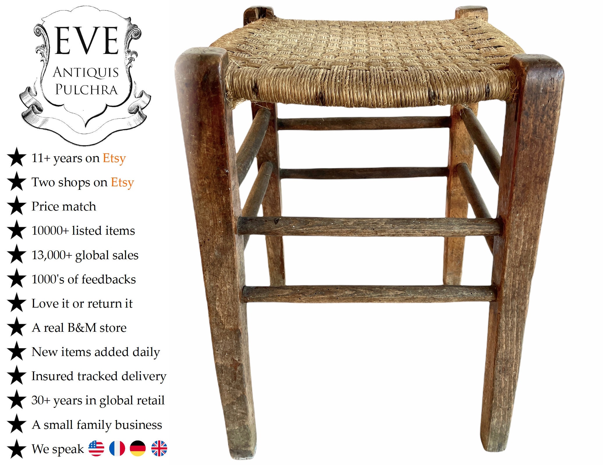 Tabouret en Raffia Antique Français Bois Osier Marron Bois Tissé Bas Petite Chaise Ficelle Tissu Soc