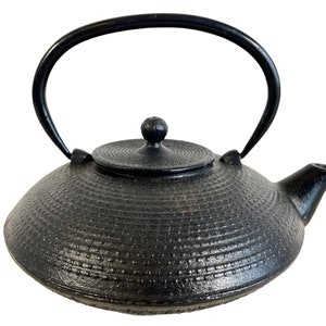 Può includere: Teiera in ghisa nera con una superficie testurizzata e un manico nero. La teiera ha un corpo rotondo e un piccolo beccuccio.