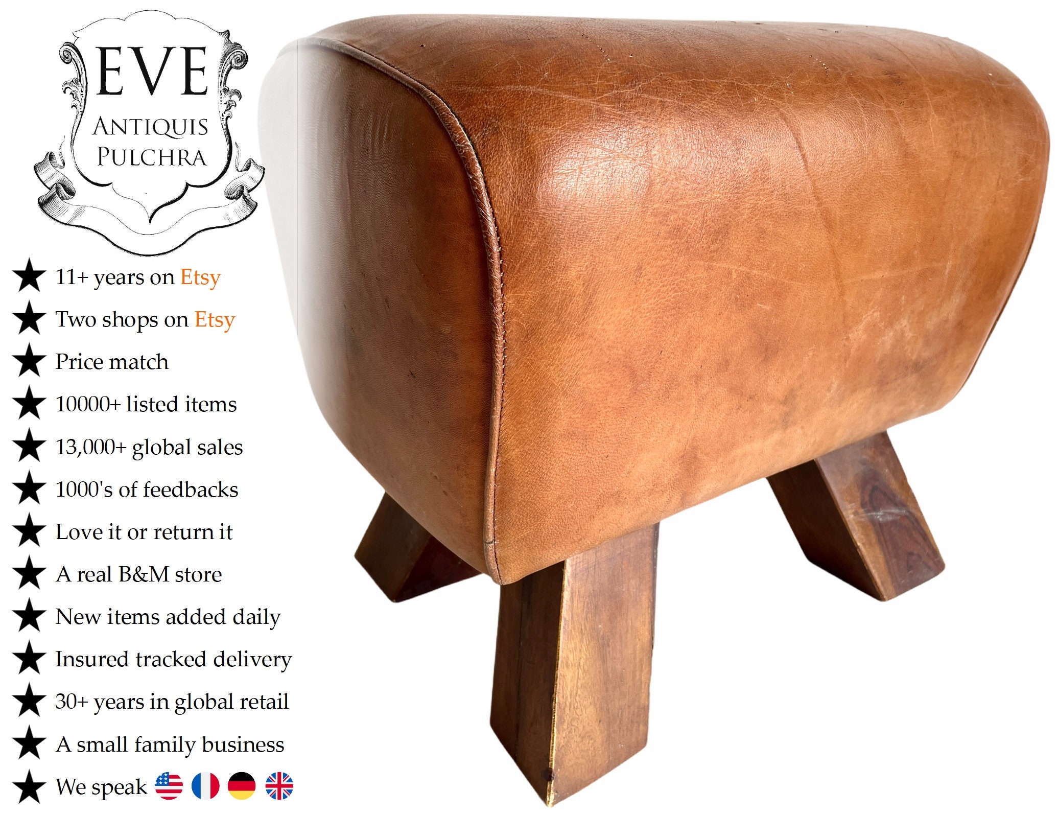 Vintage Français Cuir Petit Sport Buck Bois Marron Naturel Pied Tabouret Chaise Affichage Repos Sièg