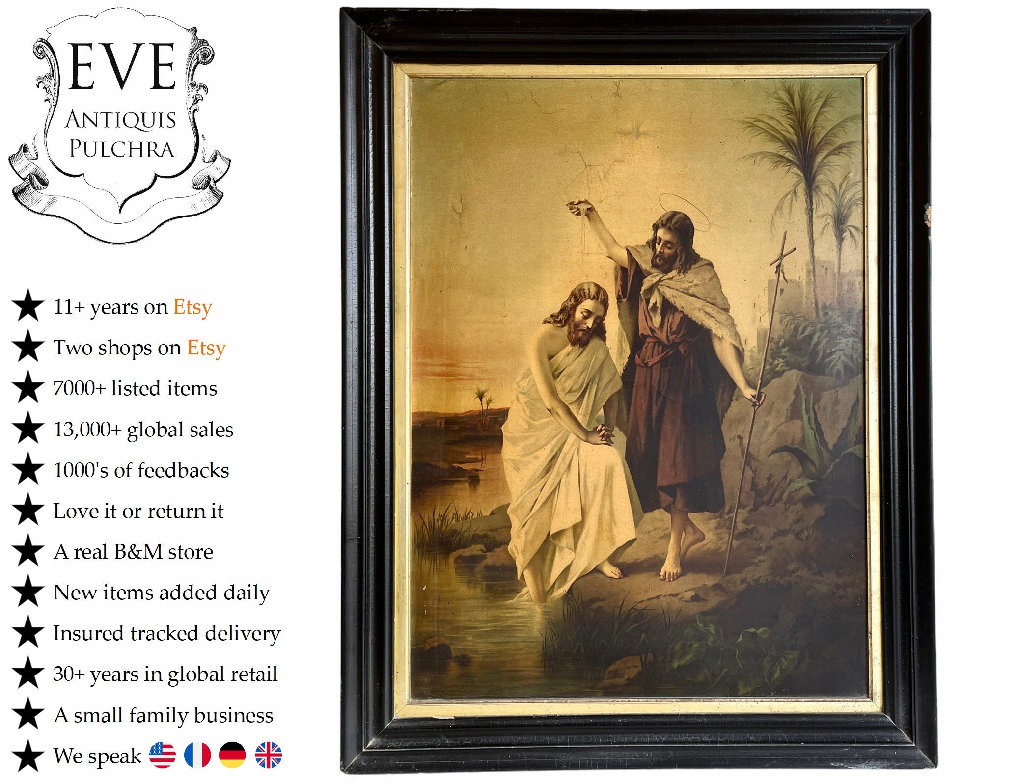 Antique Français Encadré Jean Baptême Christ Église Religieuse Chapelle Couvent Catholique Monastère