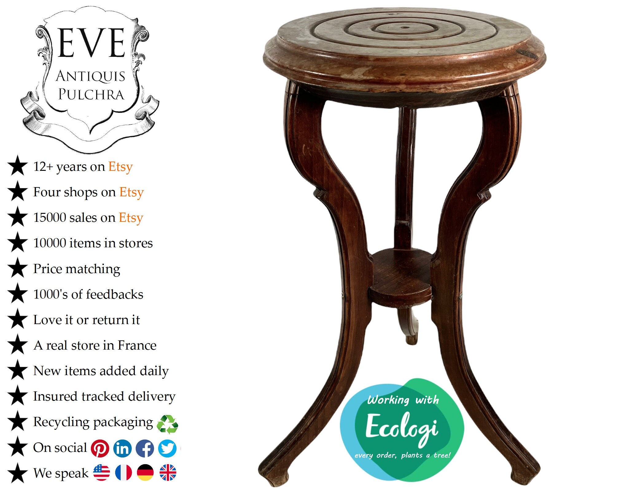 Antique Français Bois Marron Grand Socle Table Support Latéral Affichage Repos Prop Home Décor Desig