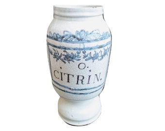 Ancien Français O. Citrin bleu blanc faïence poterie pharmacie apothicaire médical Pot Vase conteneur accessoire de rangement c1850 / EVE de France