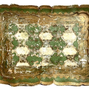 Vintage Italian Florentine Florence Gold Green Wood Ornately Decorated Small Serving Tray Trivet Stand Dish Decoration c1920-30&#39;s / EVE