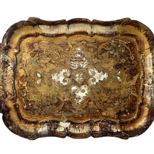 Vintage Italian Tray Florentine Florence Gold Wood Ornately Decorated Small Serving Lap Decoration Rectangular c1950&#39;s / EVE