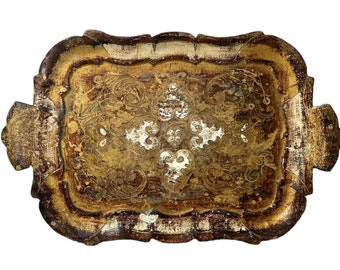 Vintage Italian Tray Florentine Florence Gold Wood Ornately Decorated Small Serving Lap Decoration Rectangular c1950's / EVE