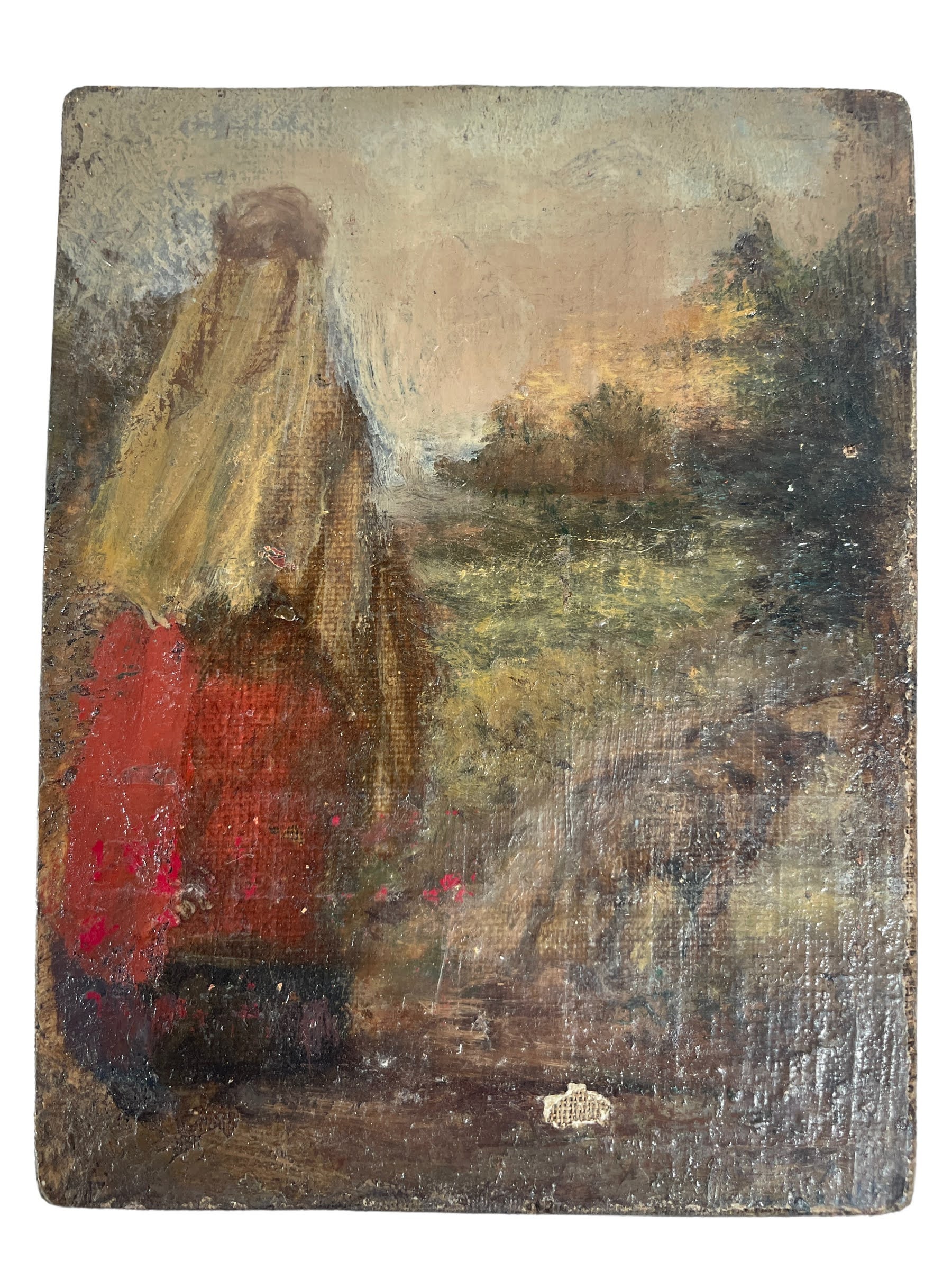 Antique French Small Tiny Woman Girl With Dog "Safe" Oil Painting On Wood Board Wall Decor Decoration c1900's / EVE