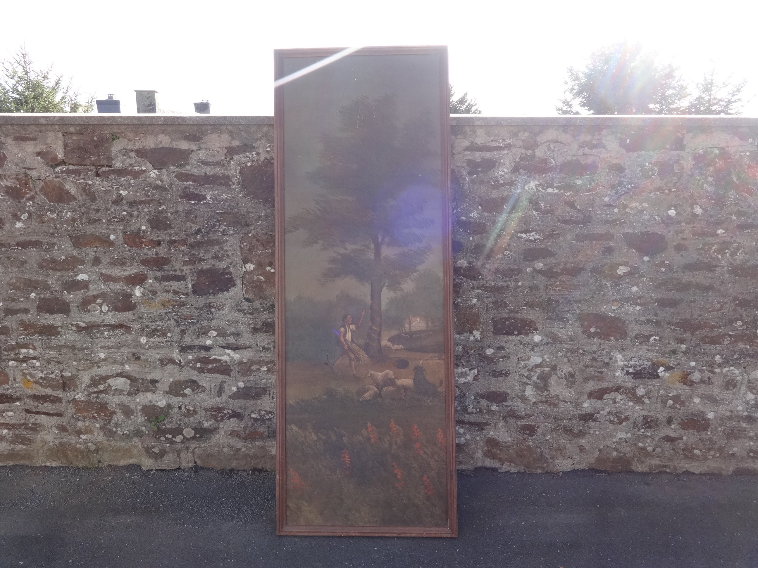 Antique Français Château Long Grand Mur Suspendu Peinture sur Toile Mettant en Vedette Le Paysage de