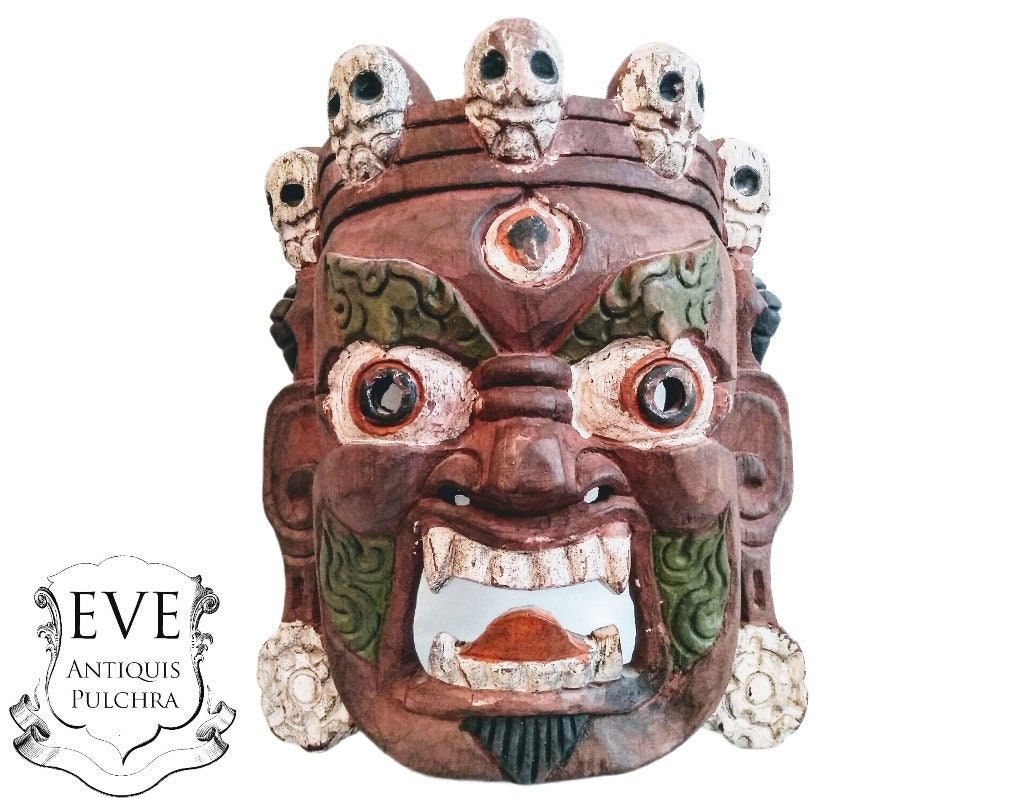 Vintage Tibetan Nepalese Protective Mask Hand Painted Wall Display Hanging Decorative Nepal India Sk