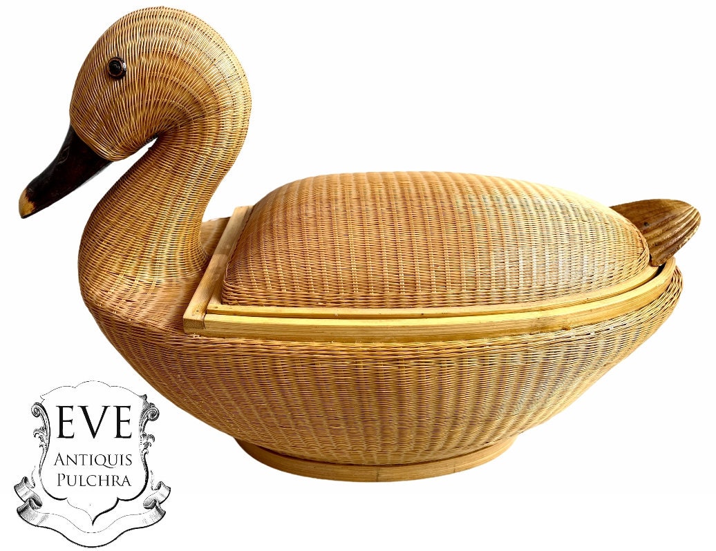 Vintage Chinese Duck With Lid Wicker Basket Shanghai Collection Petit Artisan Traditionnel Made Wick
