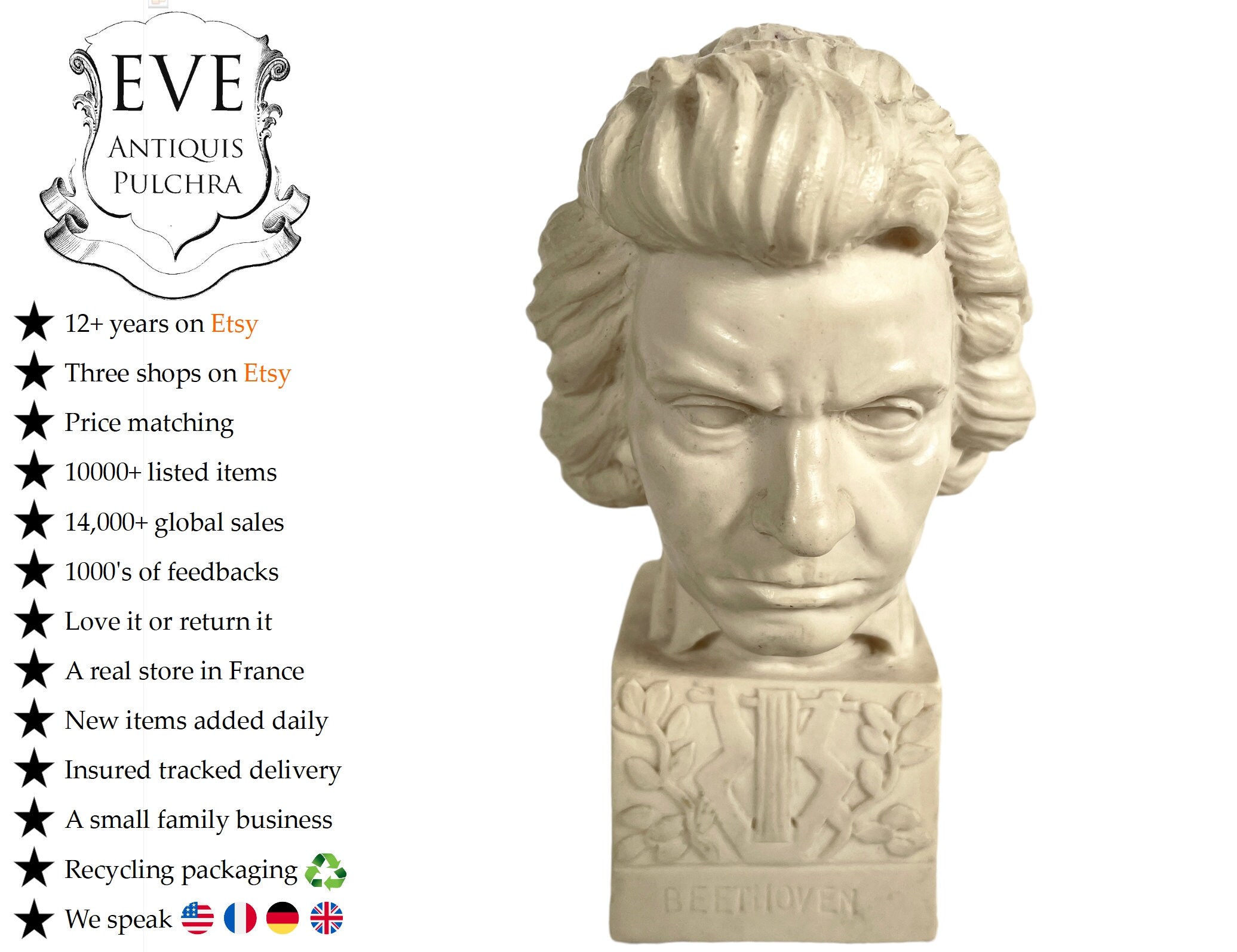 Vintage Italien A Santini Reproduction Résine Buste Beethoven Compositeur Musicien Petit Ornement Fi