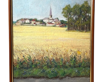 Vintage French Wheat Corn Field Village Landscape Textured Board Framed Acrylic Original Painting Art Signed circa 1951 / EVE