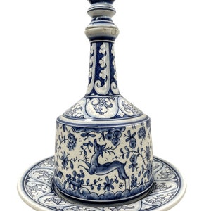 Vintage French Faience Ceramic Carafe Decanter Blue White Water Wine Porto Wedding Useable Caraffe Vase Pot DAMAGE c1950-60&#39;s / EVE