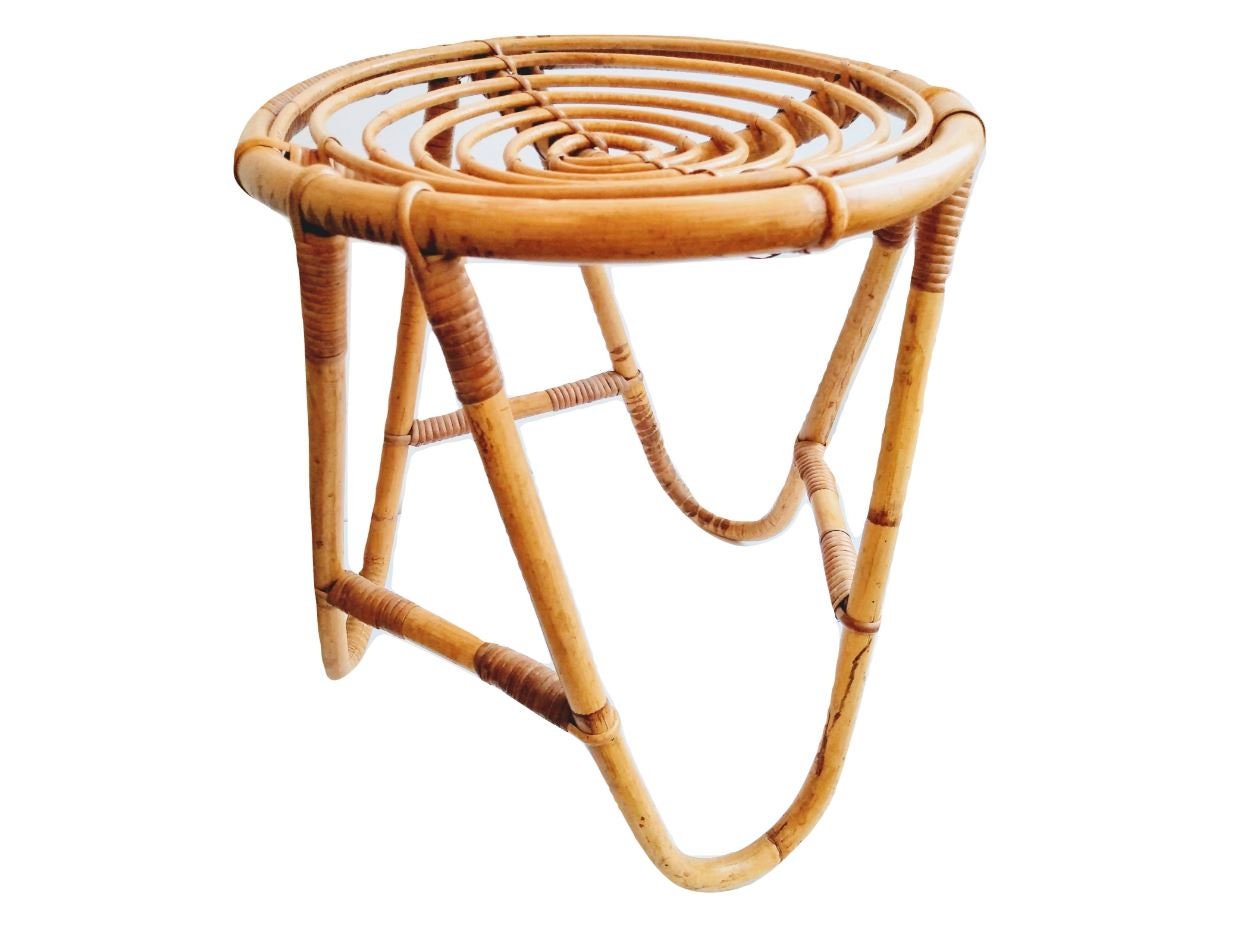 Vintage Chinois en Bois Marron Bambou Naturel Moyen Tabouret Chaise Stand Présent Dossier Repos Sièg