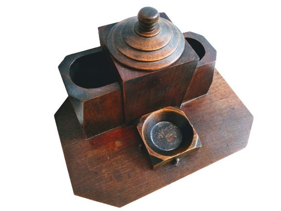 Antique Français Desk Tidy Pen Pencil Lidded Pot Stand Rest Display Wooden Wood Organiser Mid-Centur
