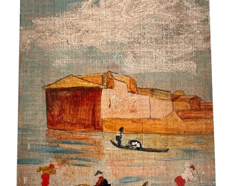 Antique French Boats "Cargo" Oil Painting On Wood Board Wall Decor Decoration c1910's / EVE