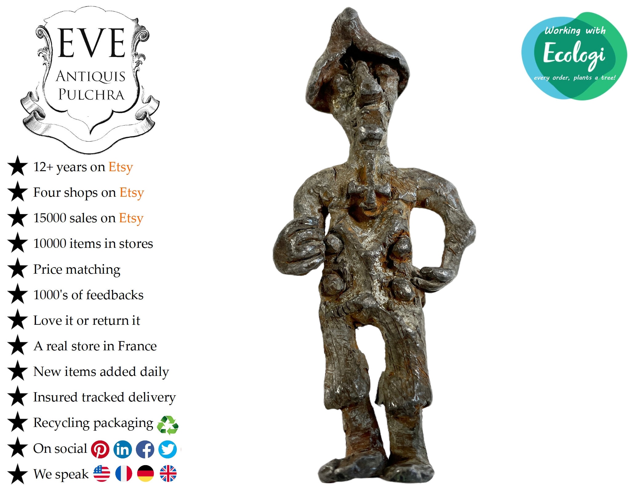 Antique Français Étain Gris Black Metal Homme Soldat Figurine Jouet Affichage Manteau Décoratif Tern