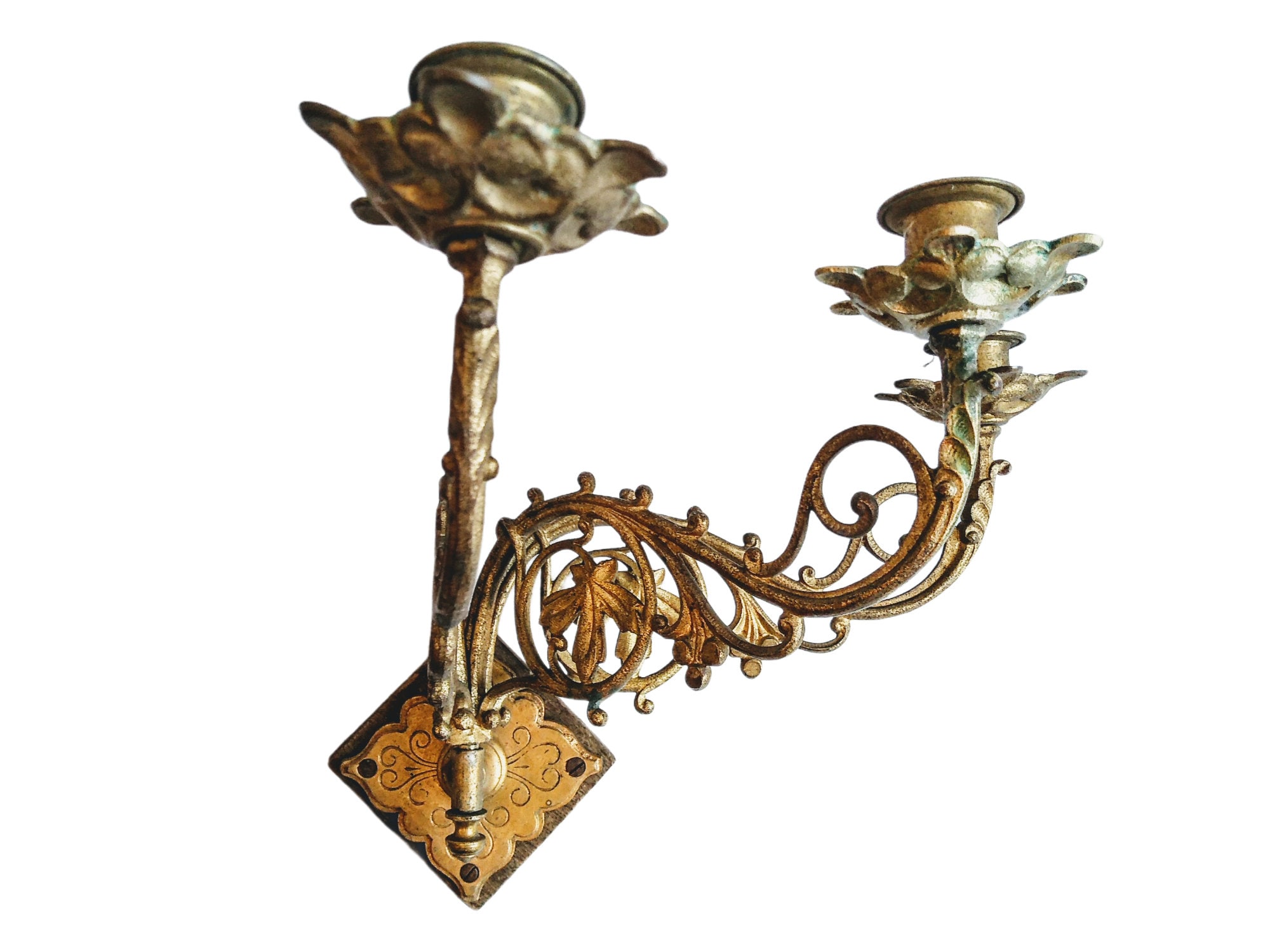 Antique Français Triple Wall Sconce Brass Metal Candlestick Stick Pedestal Stand Display Ornate Deco