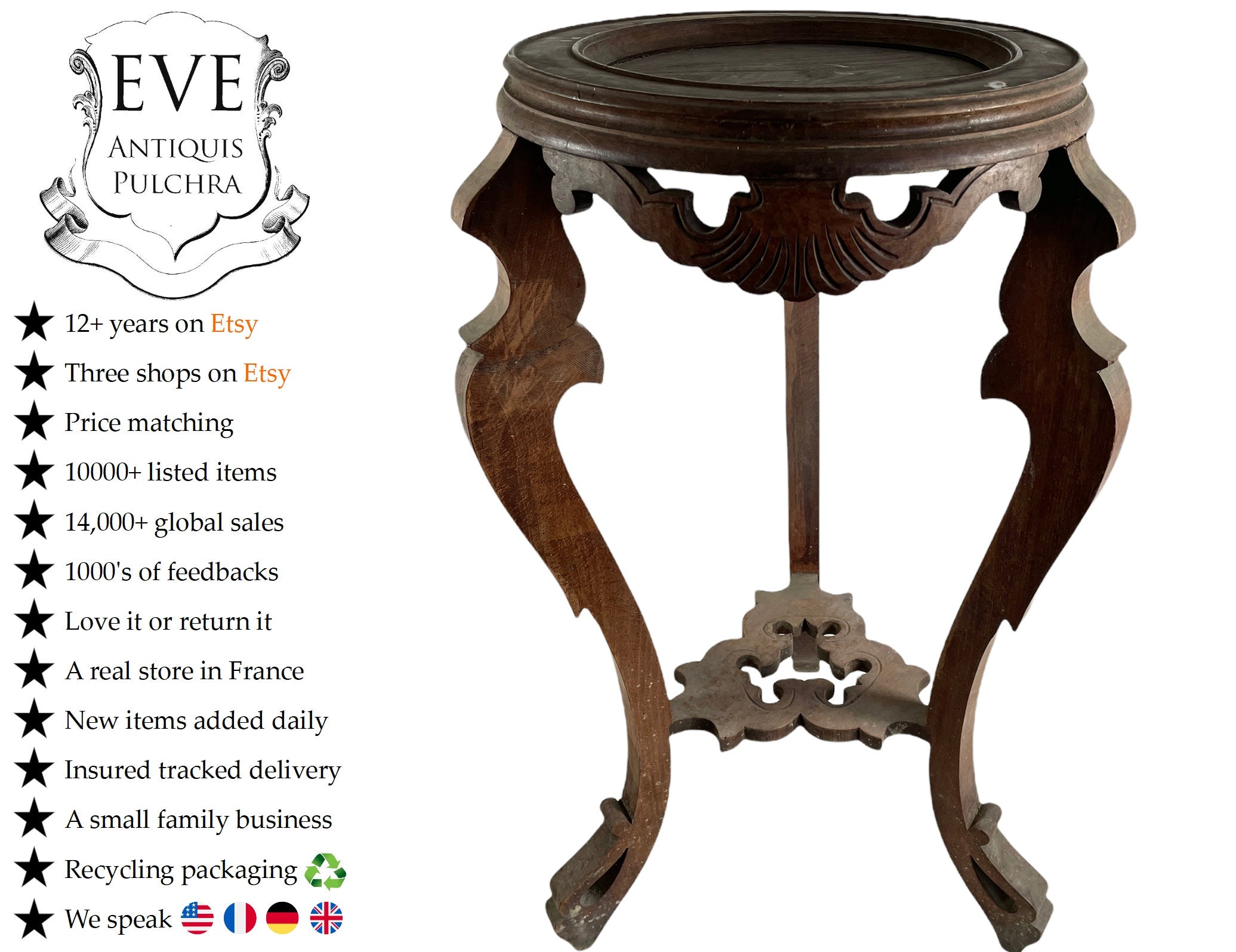 Antique Français Bois Marron Grand Socle Table Support Latéral Affichage Repos Prop Home Décor Desig