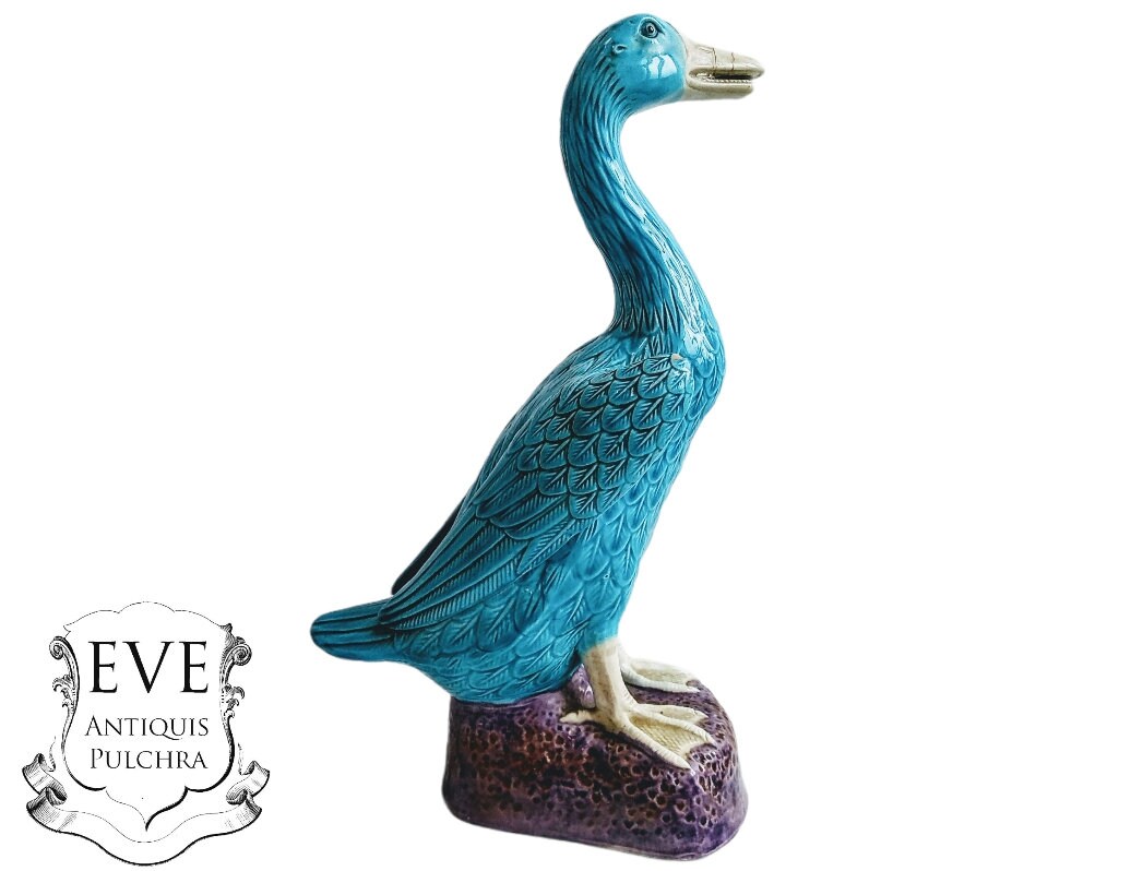 Vintage Canard Chinois Bleu Blanc Exportation Porcelaine Canards Figuraux Ornement Céramique Figurin