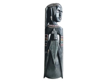 Vintage African Large Man With Spear Wooden Wall Hanging Decor Carved Statue Carving Sculpture Wood Tribal Art c1980-90&#39;s / EVE de France