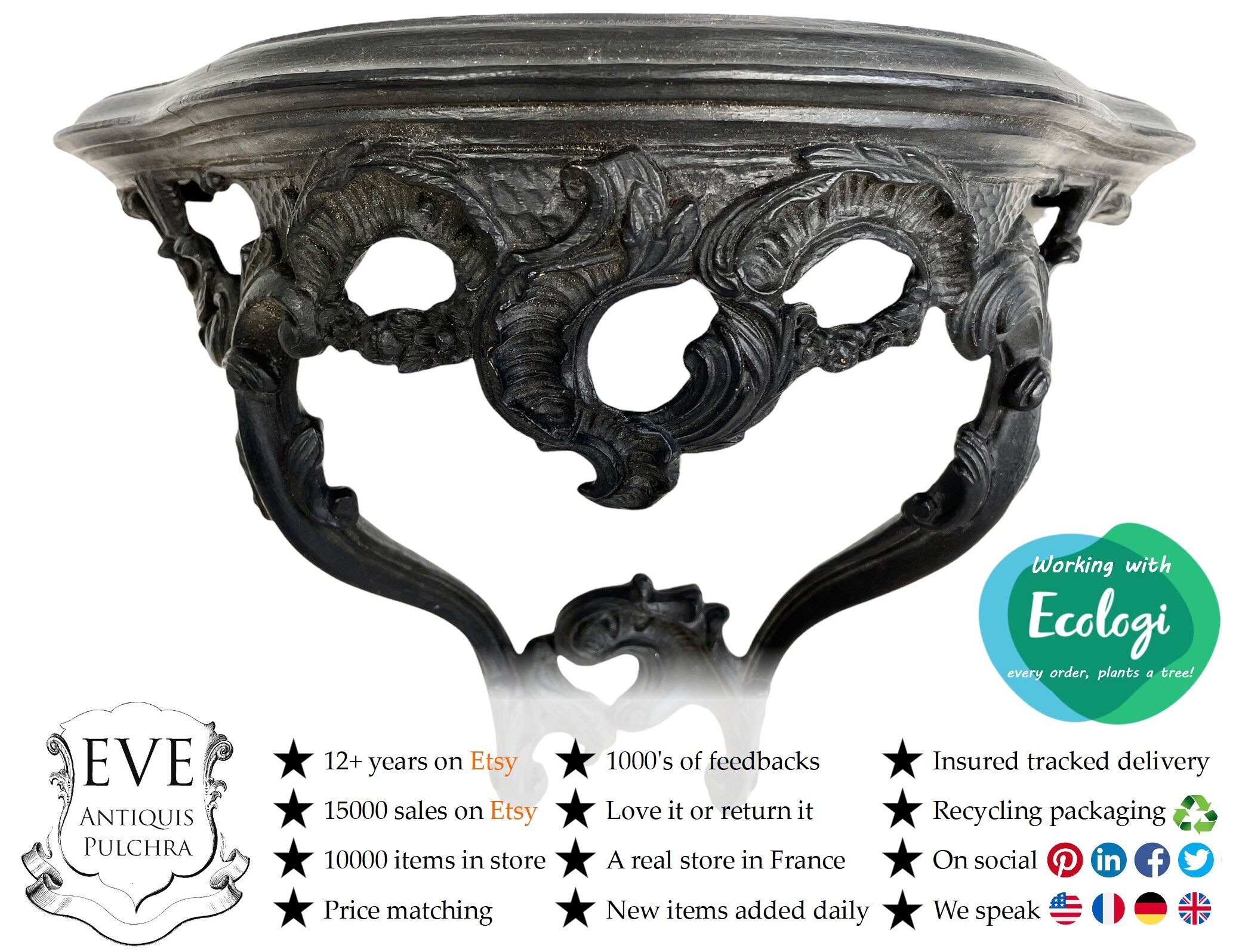 Étagère Italienne Vintage Style Florentin Florence Noir Plastique Richement Décoré Petit Socle Mural