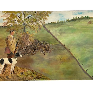 Vintage French Hunting Hunter Dog Fields Countryside Oil Painting On Board circa 1960-70&#39;s / EVE