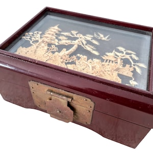 Antique Chinese Fine Cork Carving Decorated Storage Box Display Wooden Wood Desk Tidy Organiser Jewellery circa 1980-90&#39;s / EVE
