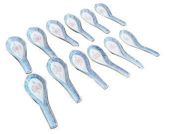 Vintage French 12 x Chinese Blue White Ceramic Soup Rice Pattern Transparant Spoon Traditional Eating Spoons Ladles c1990's / EVE