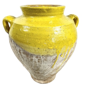 Vintage French Confit Or Olive Pot Yellow Glazed Concrete Like Material Pot Farmhouse Garden Indoor Planter Prop Decor Display c2000 / EVE