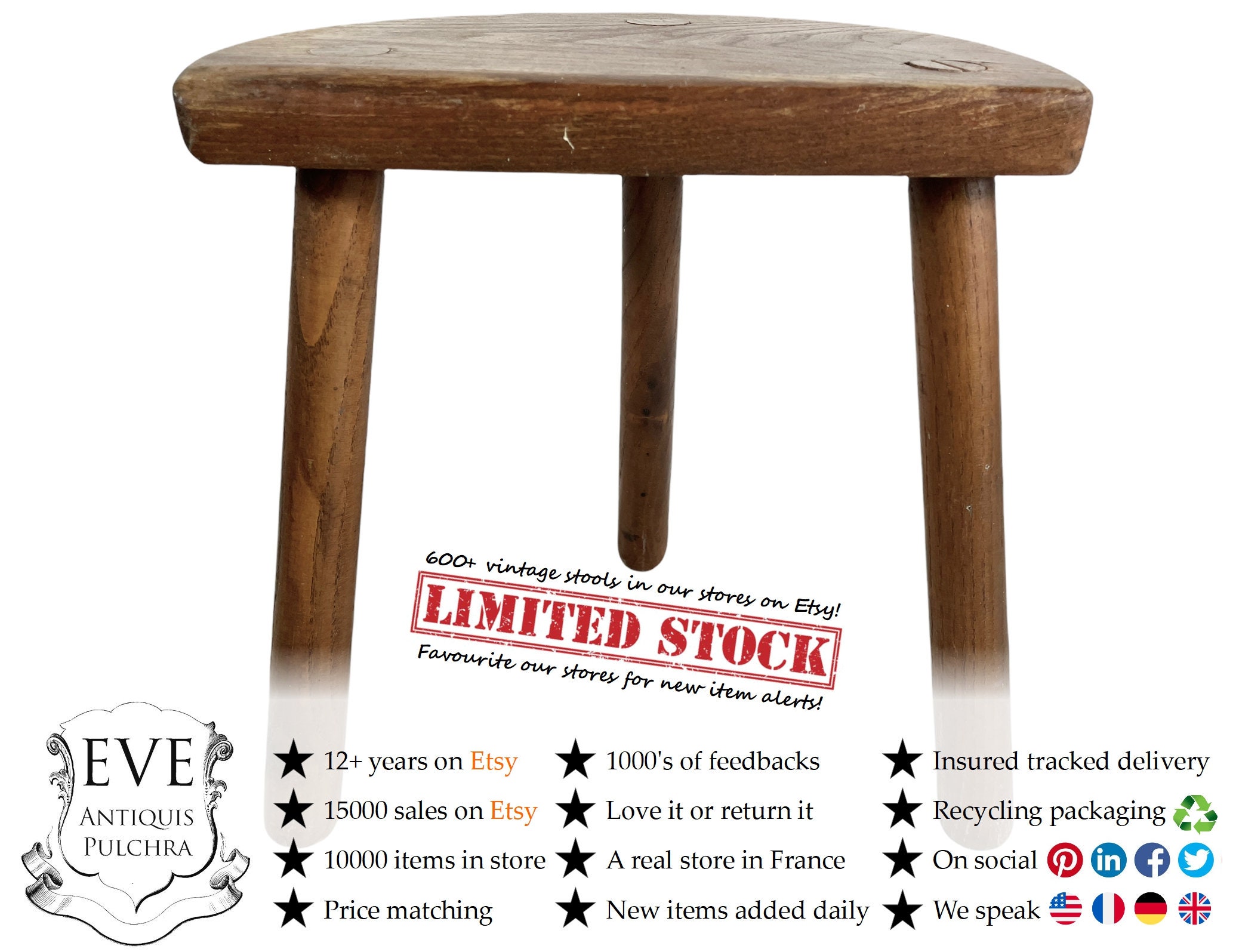 Vintage French Stool Wooden Brown Heavy Natural Wood Large