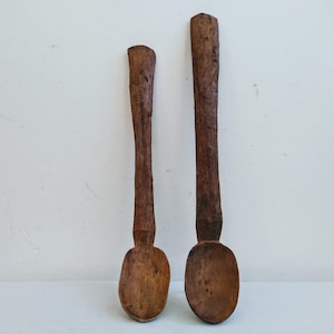 Vintage French Primitive Hand Carved Wood Wooden Large Decorative Spoon Pair Cutlery Wall Kitchen Decor Display c1950-60&#39;s / EVE de France